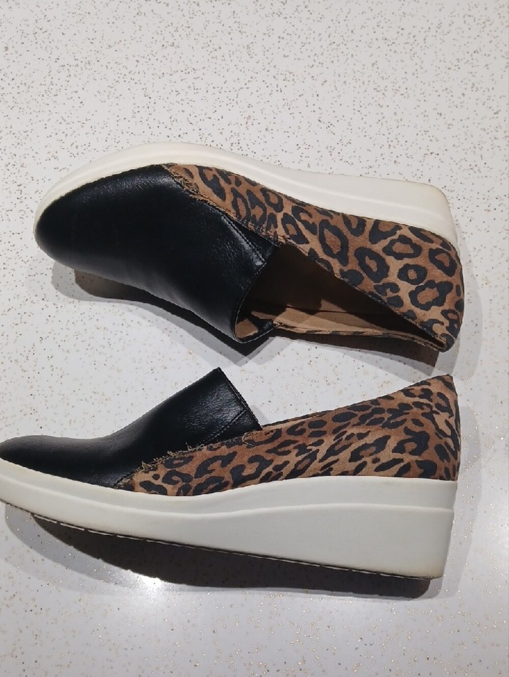 Naturalizer Black Leather and Leopard Print Wedge Mules